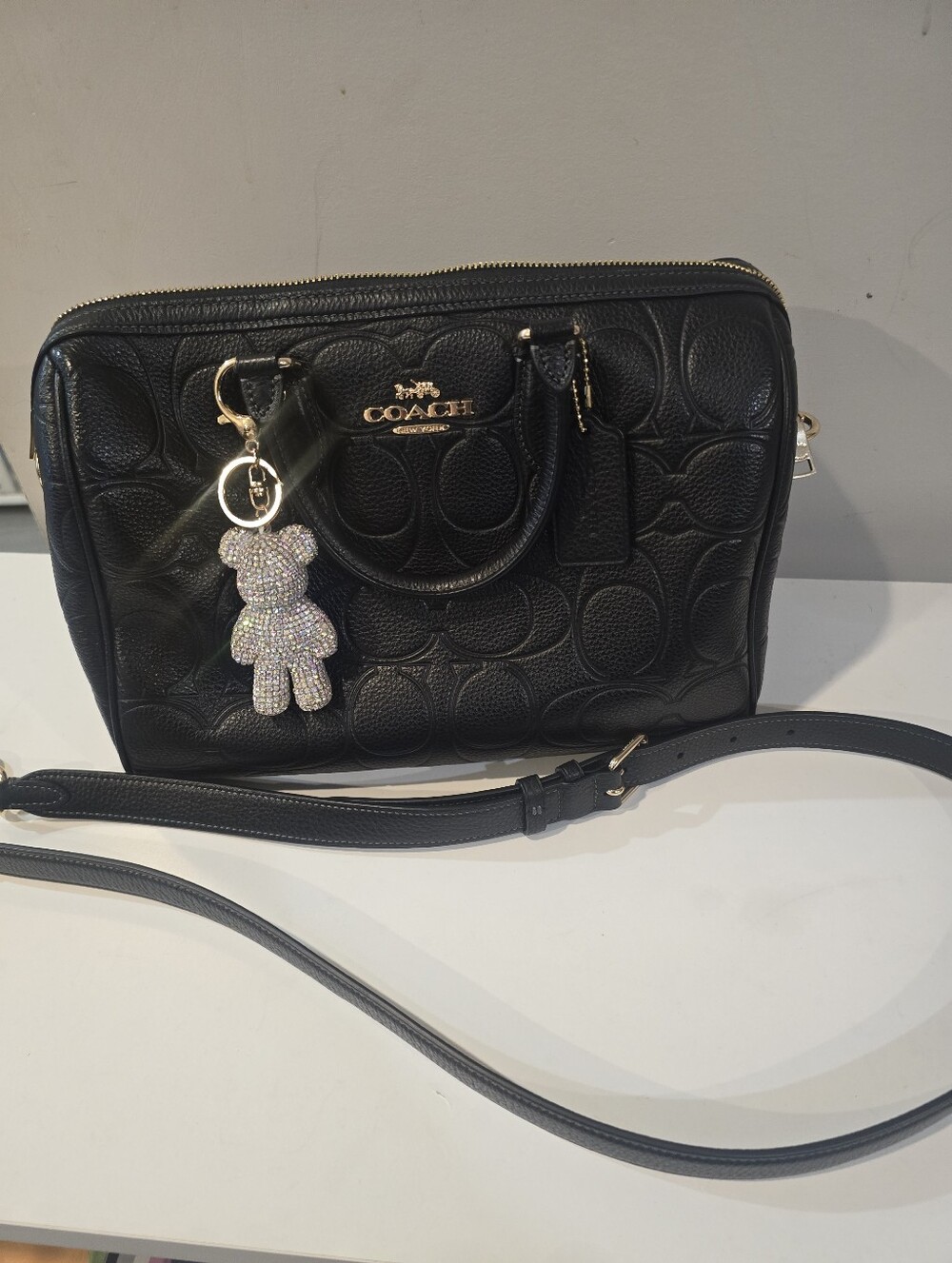 Coach Black Pebbled Signature Crossbody Satchel with Crystal Bear Charm